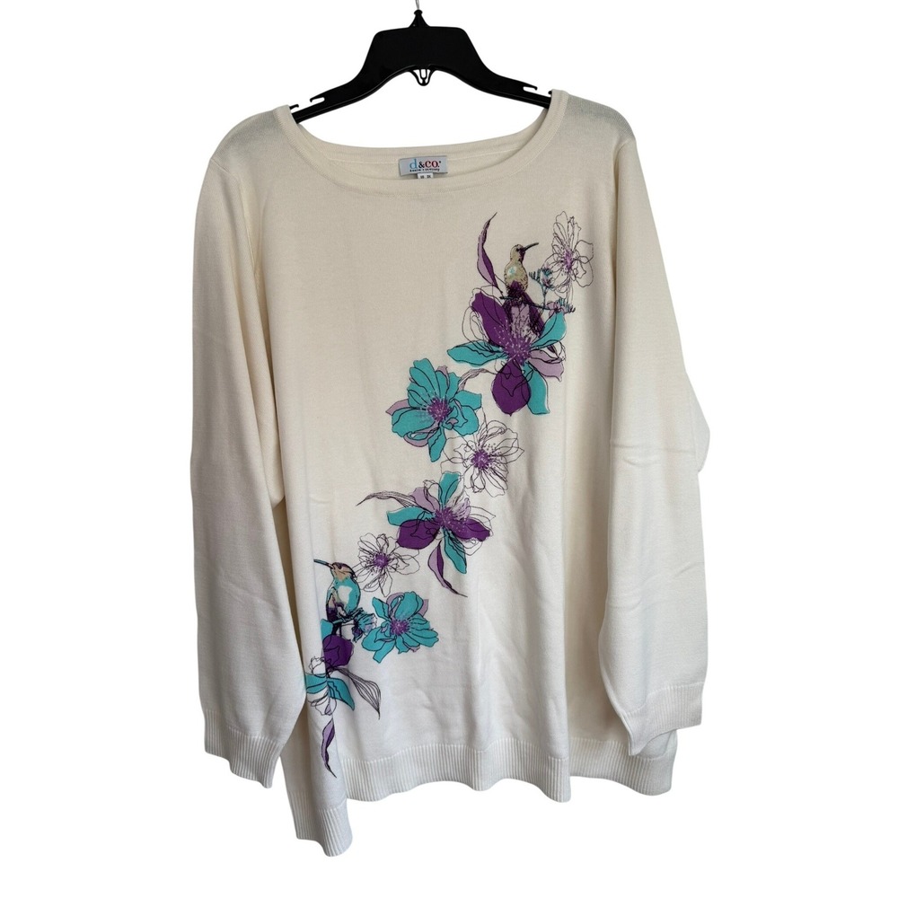 Denim & Co Womens 3X Cream Floral Hummingbird Knit Sweater Long Sleeve Pullover